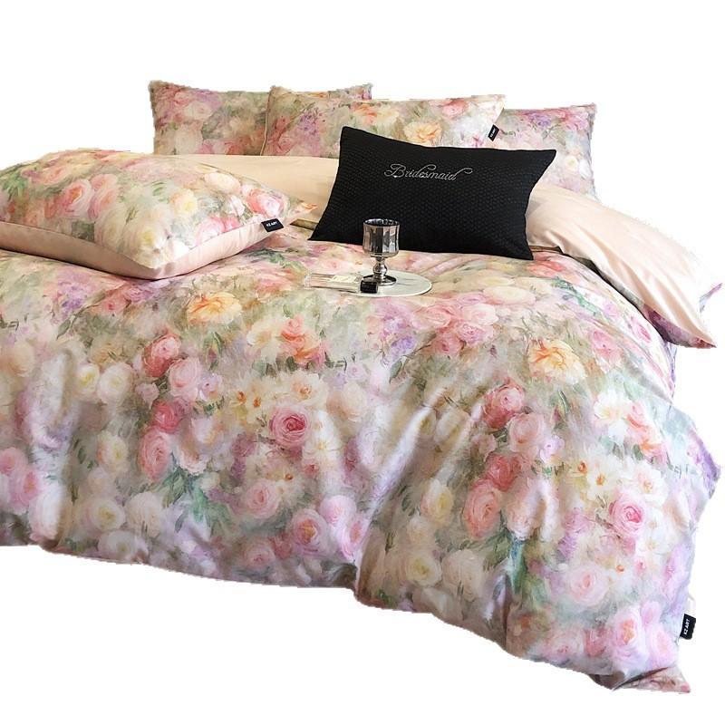 French Pastoral Oil Painting Style 100S Pure Cotton Satin Long-Staple Cotton Four-Piece Digital Printing Bedding