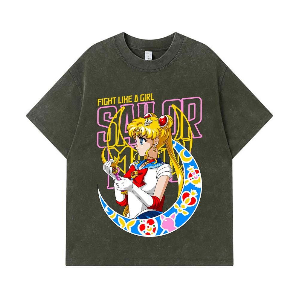 Стиранные футболки 275 гм 100 Хлопок Sailor Moon V8 Принт Минако Унисекс Тяжелая хлопковая футболка S армия зеленый 2190₽