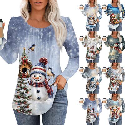 Women's Fashion Pullover Round Neck Long Sleeve Top Christmas Snowman Print