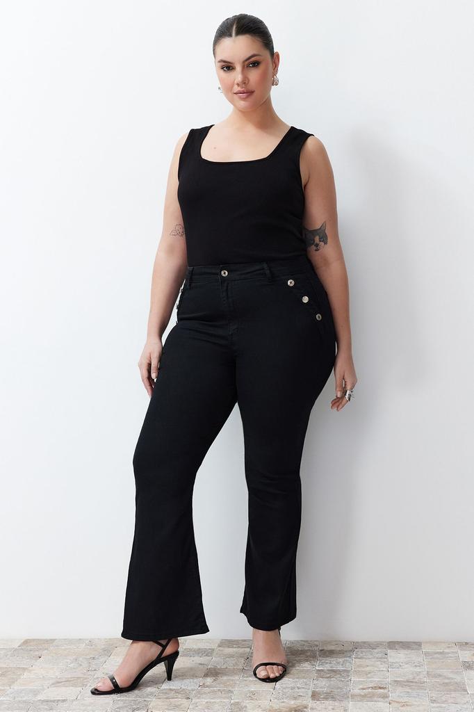 Damen Stil Übergröße Extra Dehnbar Schlagjeans mit Schwarzem Knopfdetail