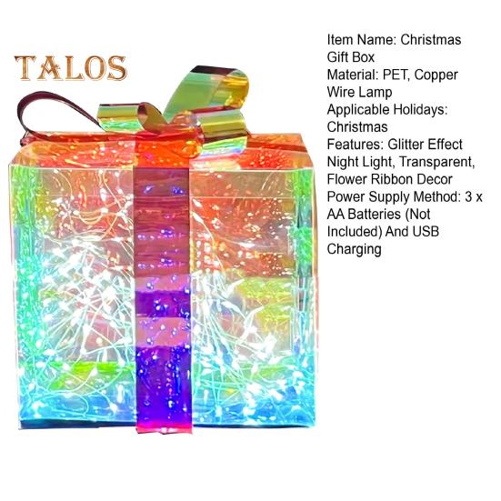 Christmas Gift Box with Copper Wire Lamp Flower Ribbon Decor Transparent Battery-operated or USB Charging Glitter Effect Night Light Home Party Decor