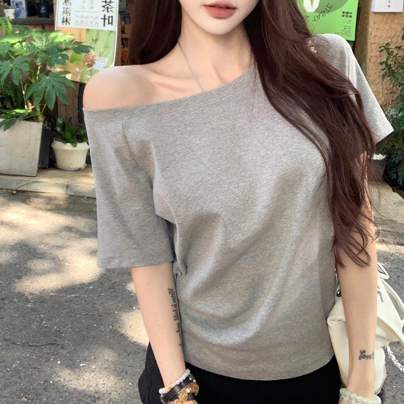 Gray Off-shoulder Off-shoulder Short-sleeved Women's Summer New Design One-shoulder Pure Desire Top