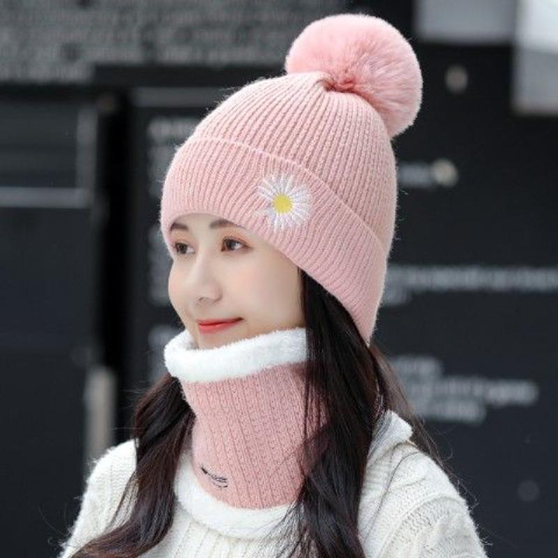Winter Knitted Scarf Hat Set Thick Warm Skullies Beanies Hats for Women Outdoor Cycling Riding Ski Bonnet Caps Tube Scarf Rings