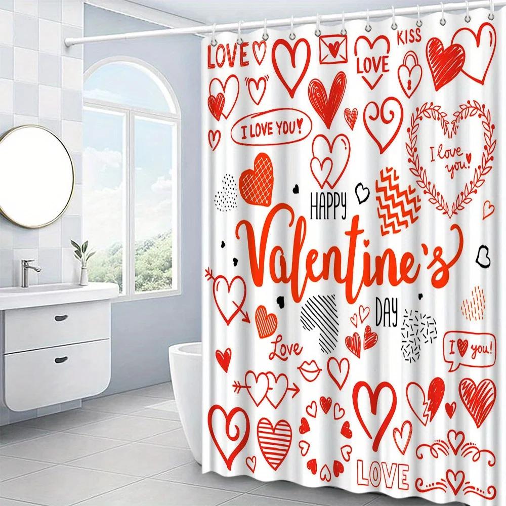 1 szt. Zasłona prysznicowa w kształcie serca na Walentynki - Białe tło, Kreatywny nadruk poliestrowy, 70,8x70,8 cala, W zestawie 12 haczyków