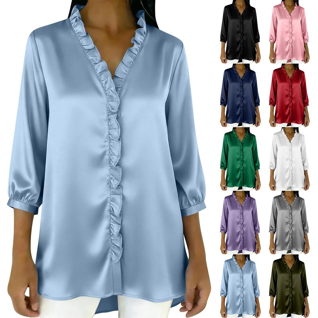 Ladies' Fashionable and Elegant Ruffled Collar Satin Blouse