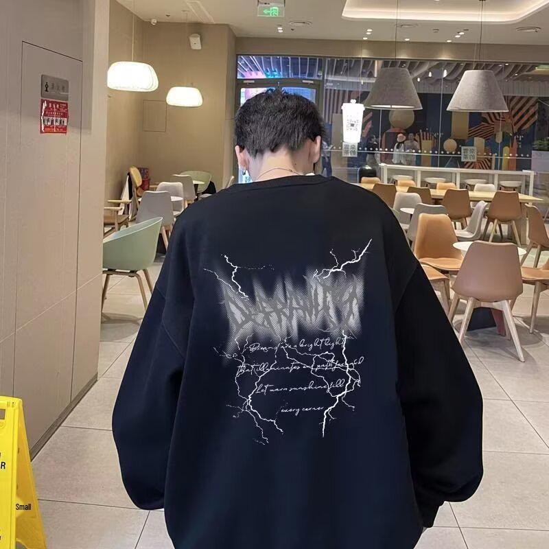 American Trendy Men's Crewneck Hoodie - Autumn/Winter 2025, Plus Velvet, Loose Fit, Long Sleeve, Base Layer