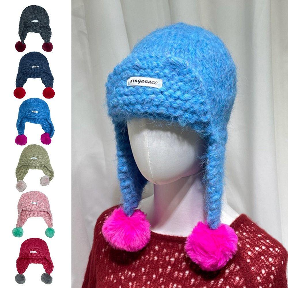 

Mohair Pom-pom Beanies Cap Knitted Bomber Hat New Winter Cap Outdoor темно-синього кольору
