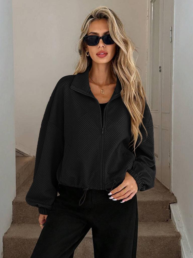 Fall Winter High Neck Zipper Drawstring Pocket Women Loose Baseball Jacket Coat