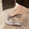 Fairy Wind Transparent Crystal Thick Heel Outer Slippers Summer New Bow Square Toe Sandals