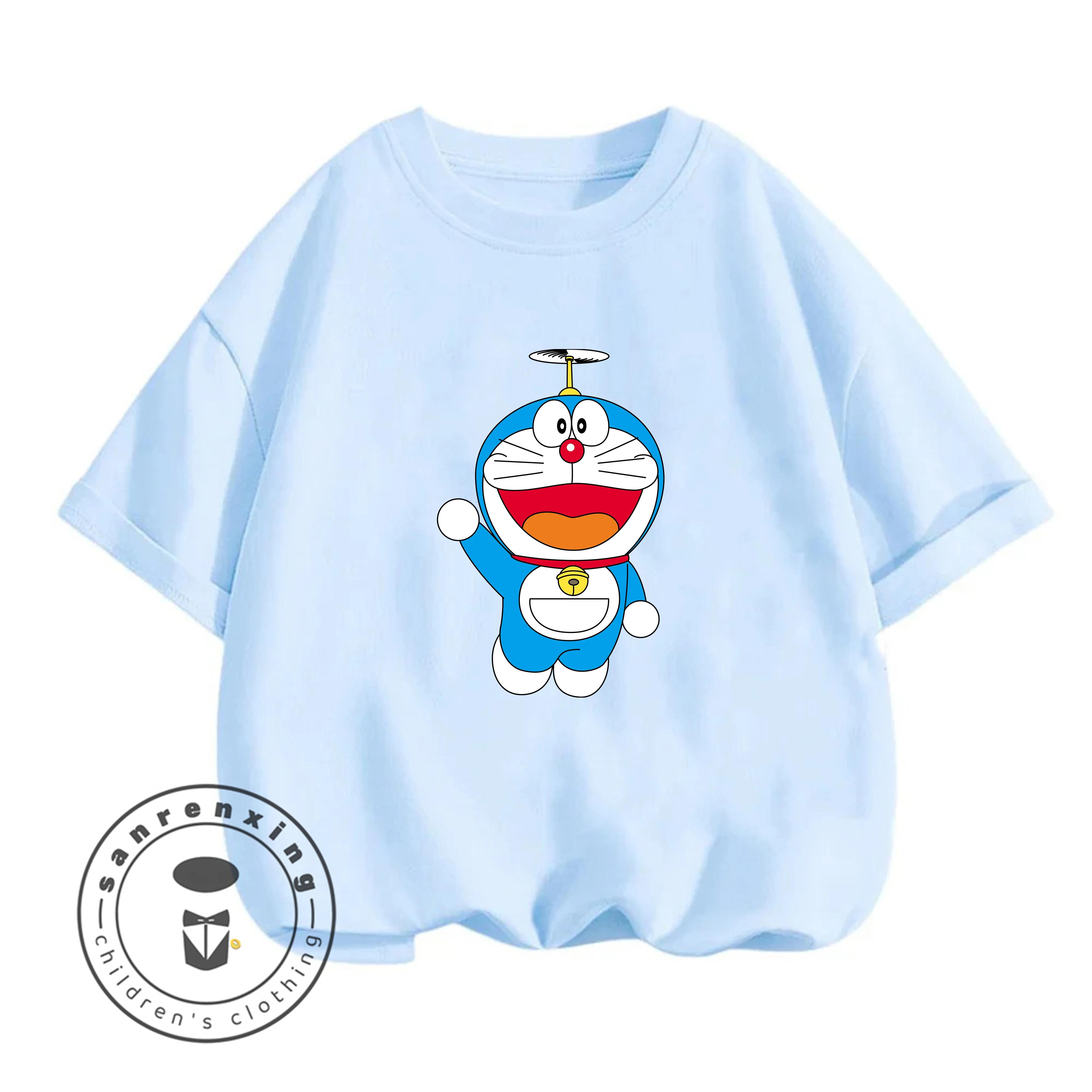 Summer Crew Neck T-shirt for Casual Everyday Wear, Doraemon Cute Cartoon Fashion Street Style 100