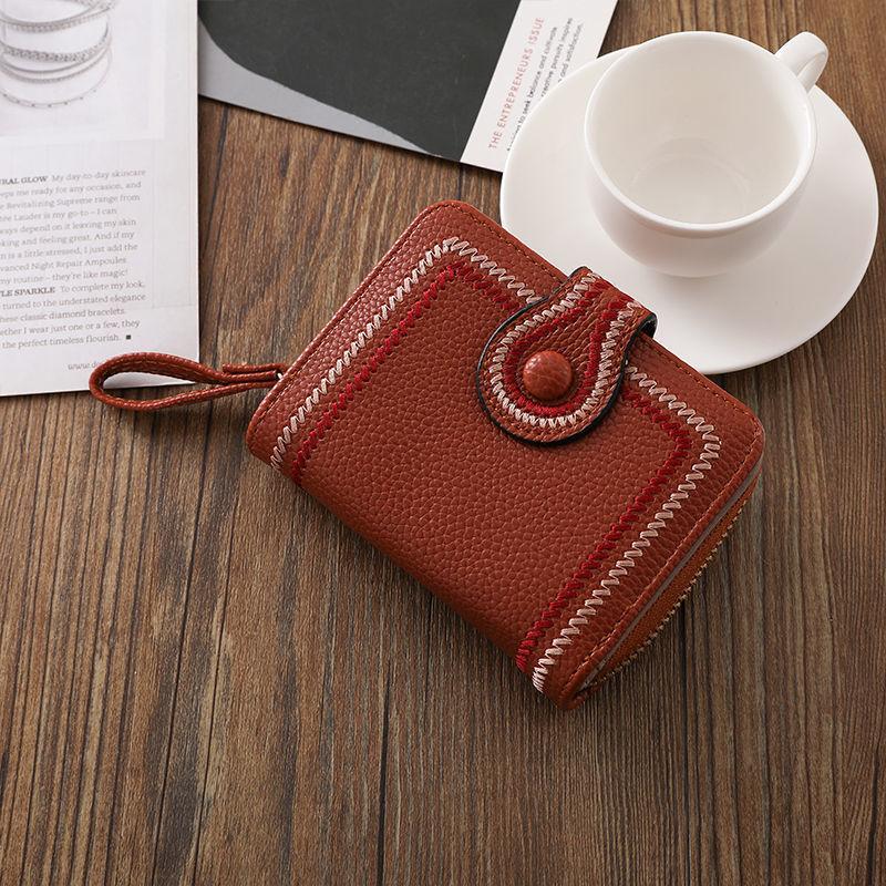 Women's Wallet PU Leather Short Zipper Credit Bank Business Card Holder Buckle Sanded Portable Anti-theft Brush Mini Coin Purse