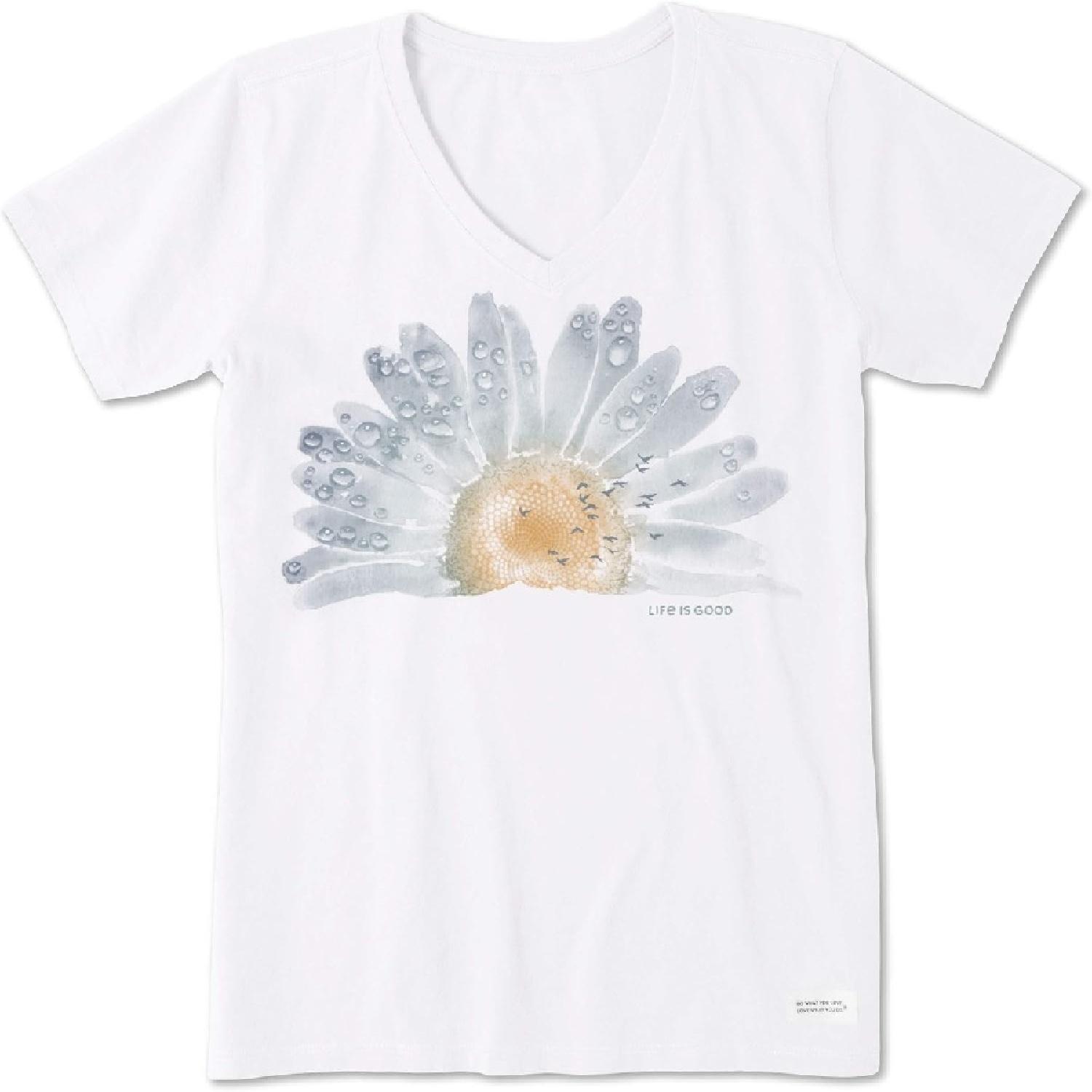 

Life is Good Women s Crusher Tee, Short Sleeve Cotton Graphic T-Shirts, Watercolor Daisy Birds XXXXXL білий