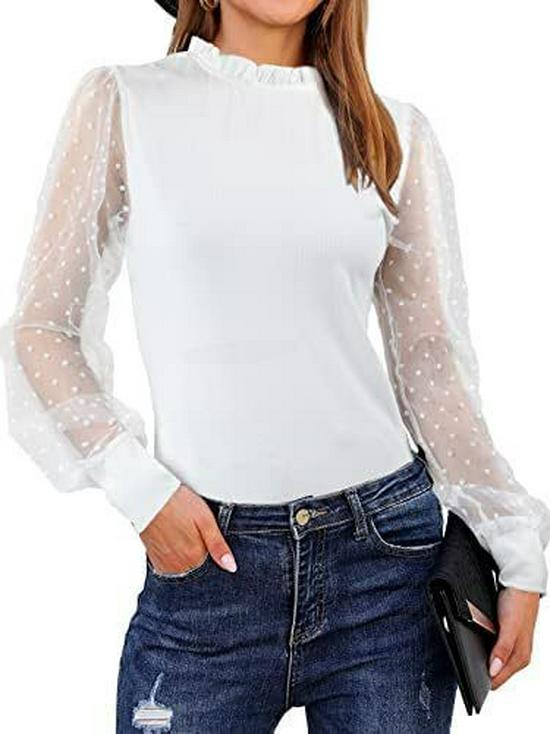 2025 Women s V-neck Polka Dot Long Sleeve Keyhole Top - Formal/Casual Wear S белый