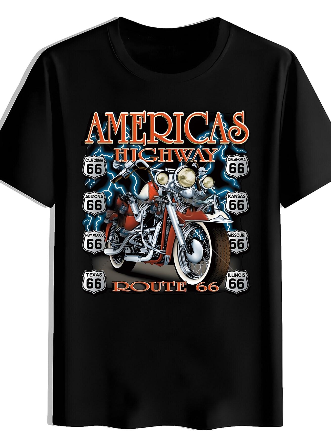 T-shirt Vintage Americana Highway Motorcycle Graphic - Retro Route 66 Design with Motorcycle & Route 66 Text - Shirt for Motorcycle Rides XXL