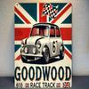 Vintage Britisches Rennauto Metall Wandkunst GOODWOOD Rennstrecke Szene mit Union Jack Flaggen für Garage Ausstellungsraum Club Stu