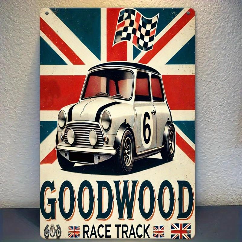 Vintage British Racing Car Metal Wall Art GOODWOOD Race Track Scene with Union Jack Flags for Garage Showroom Club Stu