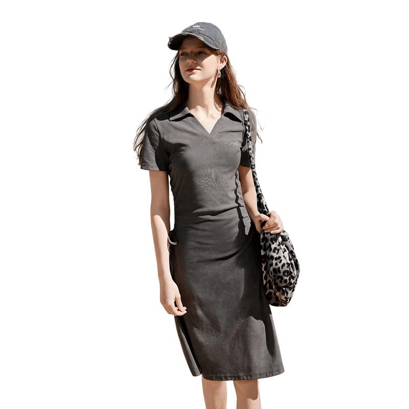 Xiangying Women's Polo Collar Ruched Waist Slim Dress