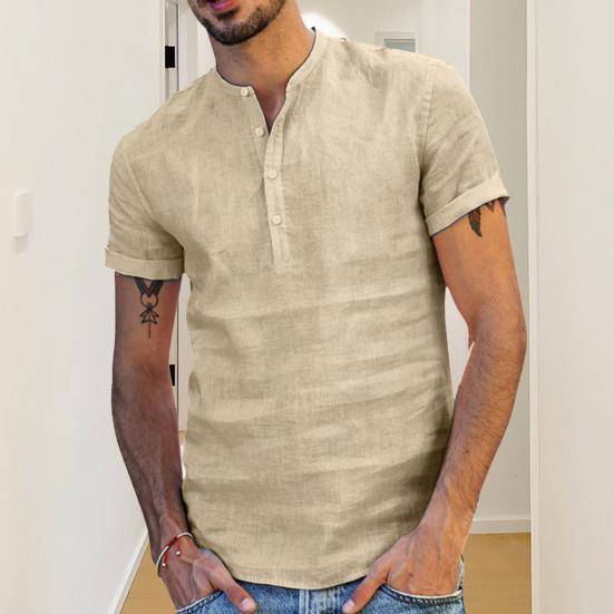 Camicia Estiva da Uomo Tinta Unita Collo Alto Bottoni Maniche Corte Sottile Abbigliamento Quotidiano Vestibilità Slim Scollo a V Top Estivo da Uomo Indumento da Uomo