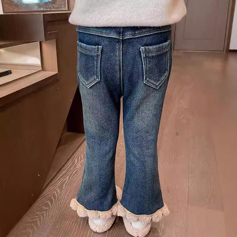 Autumn Winter Kids Girls Plush Jeans Denim Stylish Thickened Plus Velvet Toddler Girls Flared Pants Children Girls Trousers