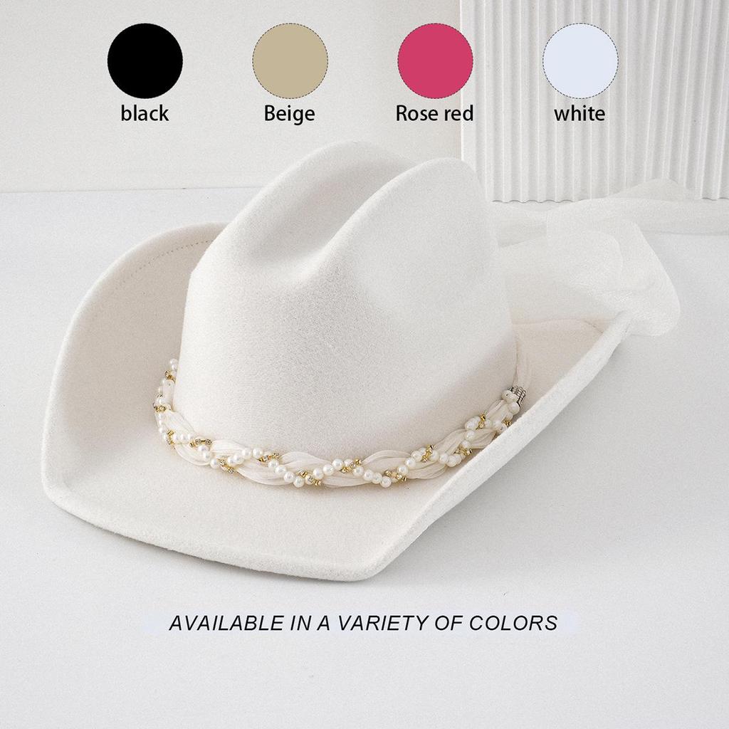 Women's Bridal Top Hat with Pearl & Gold Ribbon - Festival Cowboy Hat