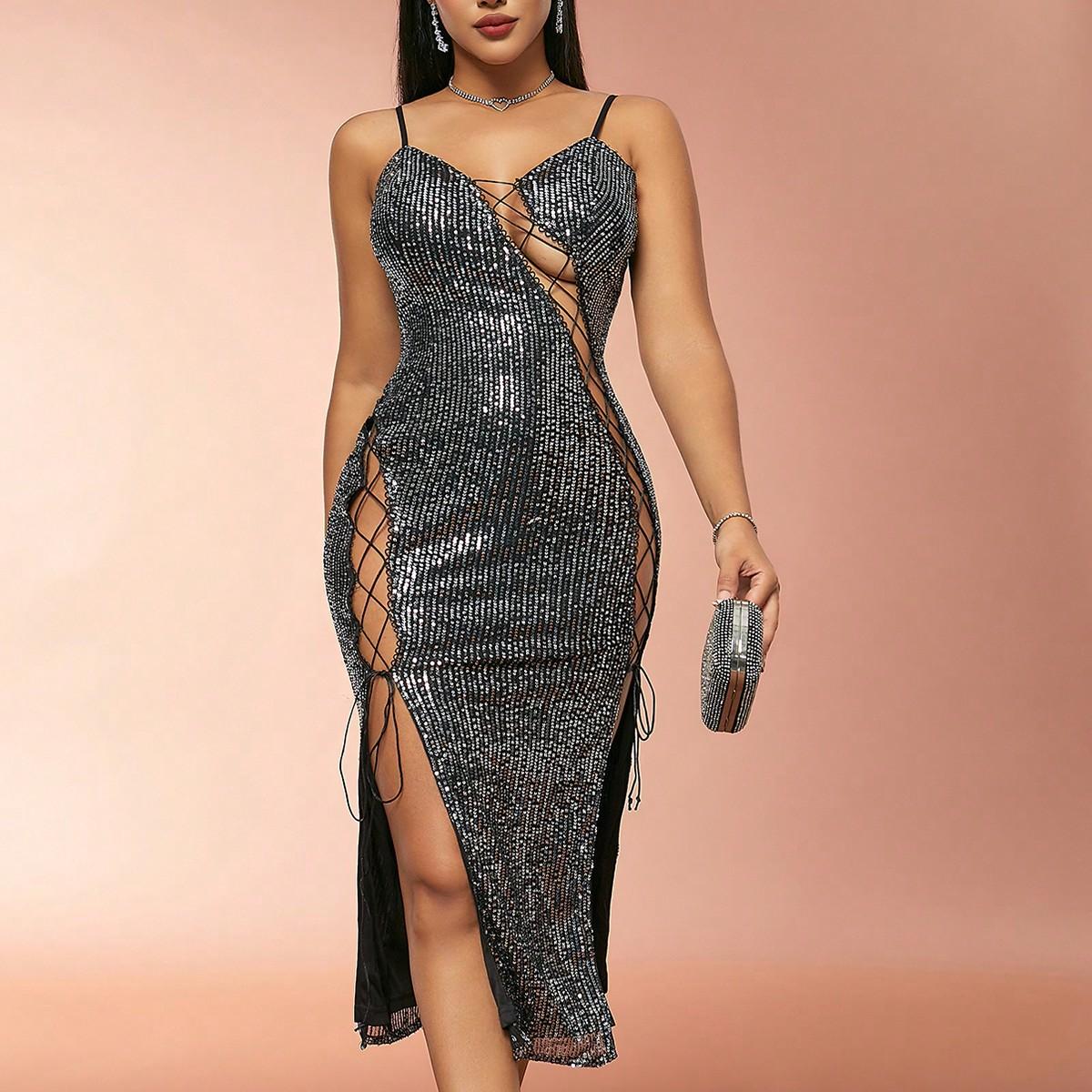 

D&M Lace Up Side Split Thigh Sequin Cami Dress