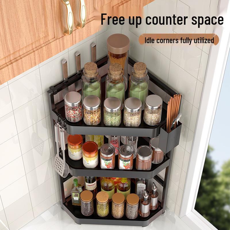 Corner Wall-Mounted Kitchen Spice Rack - No-Drill, Triangle Design for Countertop and Pendant Storage.