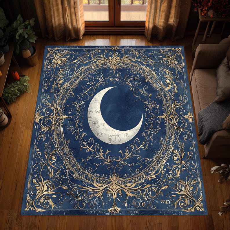 Crescent Moon Celestial Night Sky Rug Mystical Art Carpet Elegant Blue Living Room Decor Non-Slip Washable Floor Mat