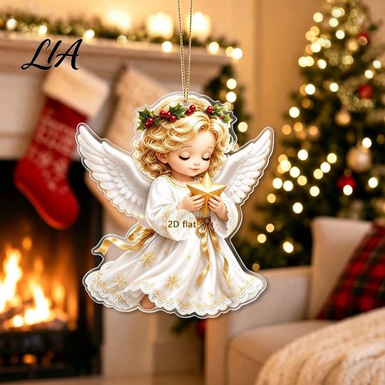 Festive Tree Ornament Christmas Angel Pendant with Lanyard, 2D Flat Acrylic Hanging for Party Decor Decoration, Cute Holiday Car Window Decoration