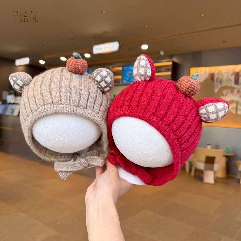 Knitted Baby Winter Hat with Plaid Ear Details Earflap Beanie Infant Knit Hat Cold Weather Outings