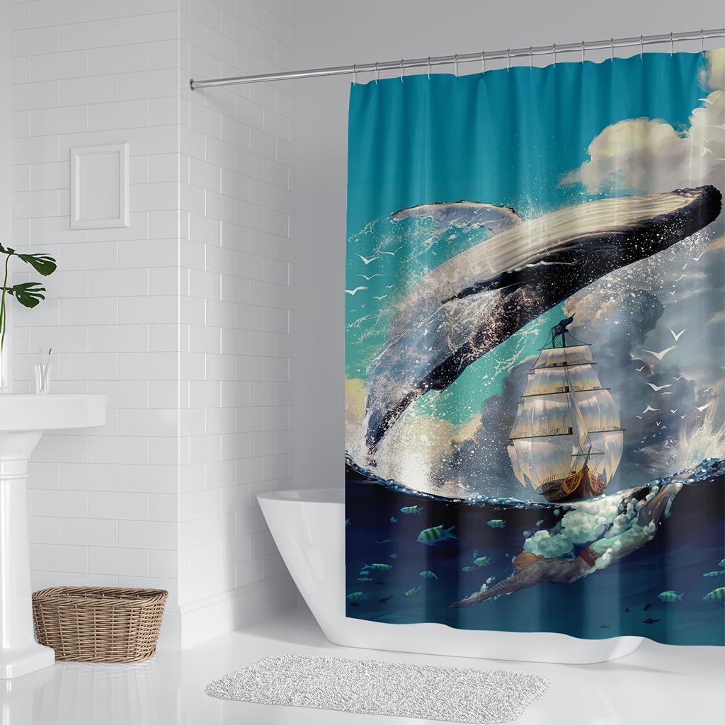 Modern Whale & Sailing Ship Print Shower Curtain - Polyester, Artistic Bathroom Decor, Machine Washable, Privacy Protection