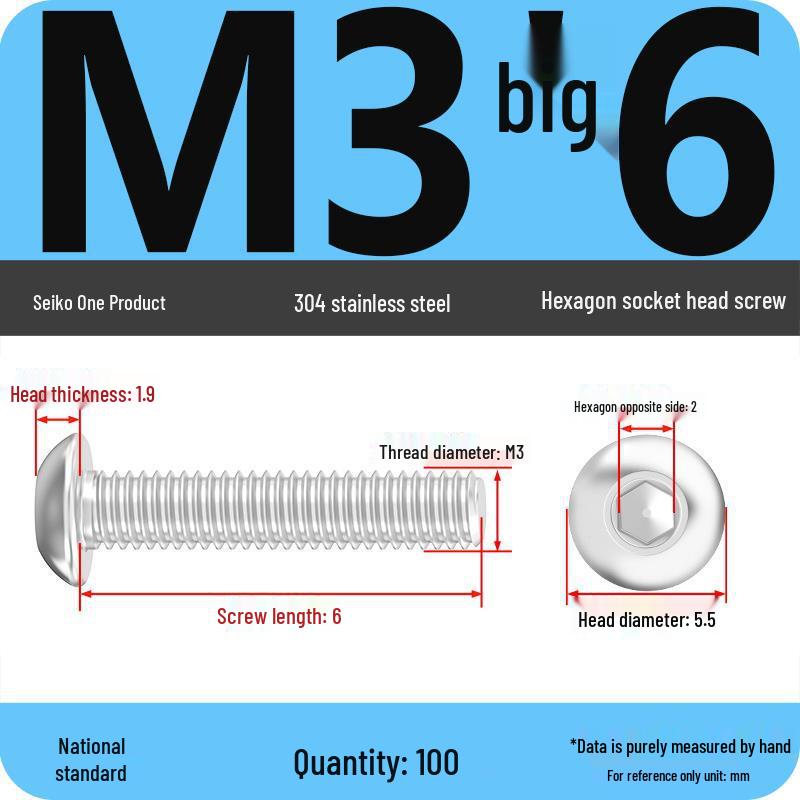 304 Stainless Steel Pan, Half, and Round Head Hexagon Screws (M2-M12)