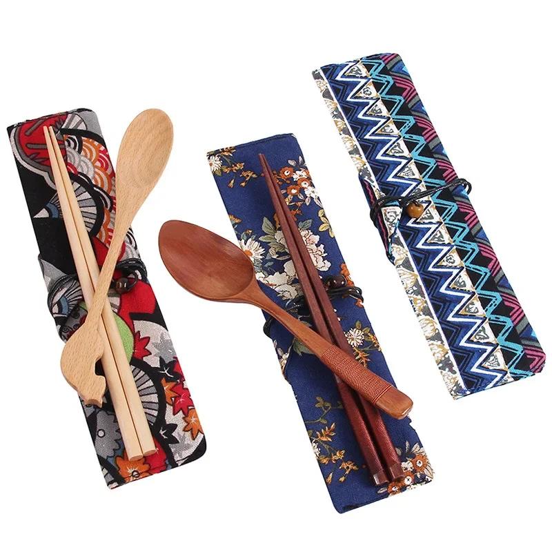 Wooden Cutlery Sets With Spoon Fork, Environmentally Friendly, Travel Portable, Tableware, Chopsticks, Cloth Bag