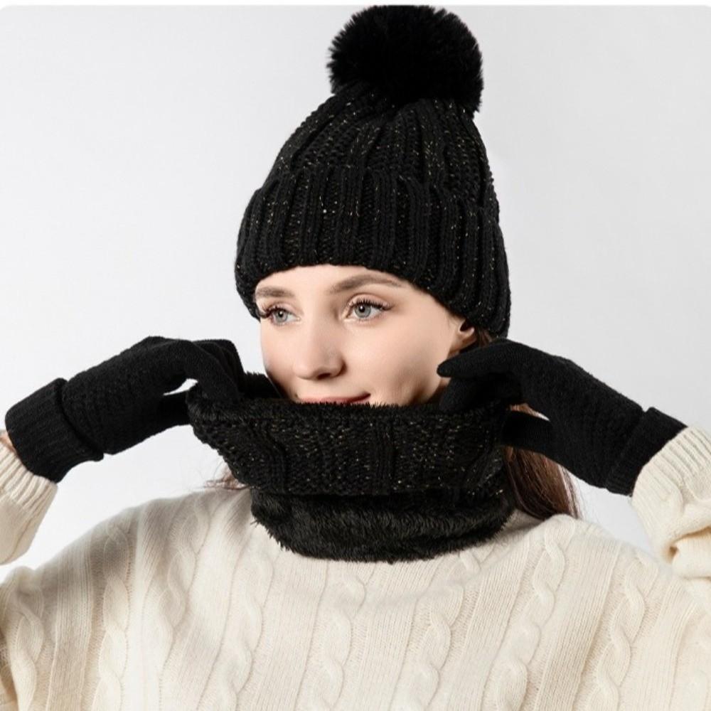 3pcs Cute Pompom Hat Scarf Gloves Set Solid Color Beanie Hat Comfortable Knitted Hat Kids