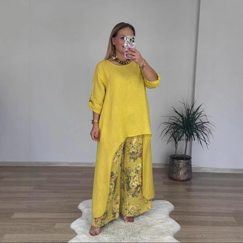 Women's Fashion Casual Spring Autumn Flower Pattern Print Long Sleeve O-Neck Trousers Pants Suits