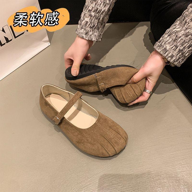 Vintage Suede Mary Jane Shoes Women's Word with Round Head, Light Mouth with Skirt, Flat-soled Single Shoes