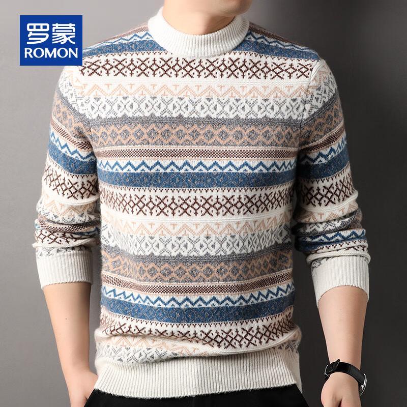 ROMON Men's 100% Pure Wool Thick Striped Sweater
