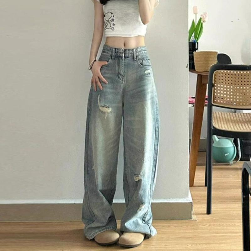 Ripped Jeans Women's Light-colored Large Size Fat Mm High Waist Loose Straight Trousers Pear-shaped Frayed Design Wide-leg Pants