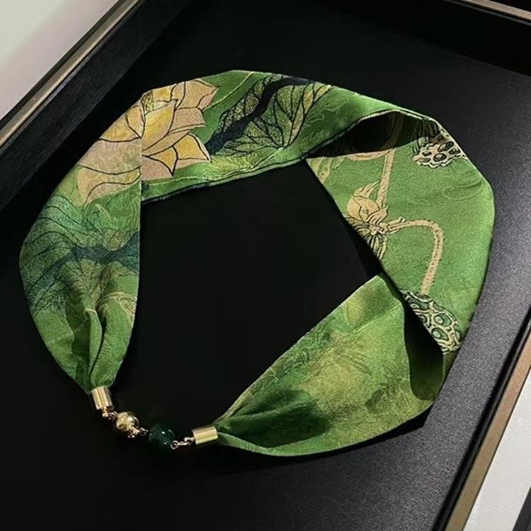 National Style Fragrant Cloud Yarn Magnetic Buckle Necklace Silk Scarf Women'S Summer Pearl Collarbone Chain Versatile High-End Scarf Neck Protection