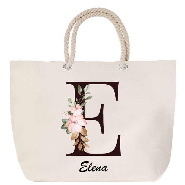 Sac de plage - PLANETEE - Elena - Anse corde - Motif Lettre Fleur - Grand format
