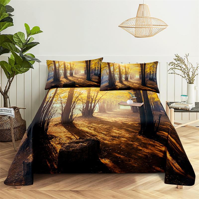 Bedding Sets Green Forest Print Bed Sheet Fashion Design Double Flat Sheet Boys Girls Bed Sheet Set Bed Sheets and Pillowcases