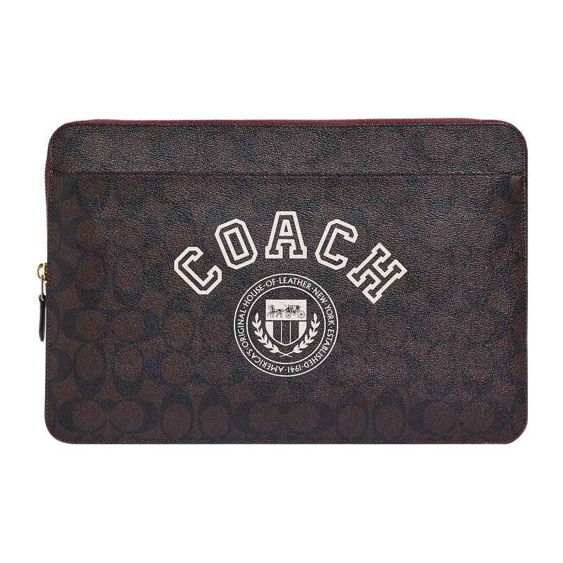

COACH 34 Zipper closure interior multi-function pocket Coated canvas and smooth leather Clutch Laptop Bag Large Women s Brown and Chalk White білий