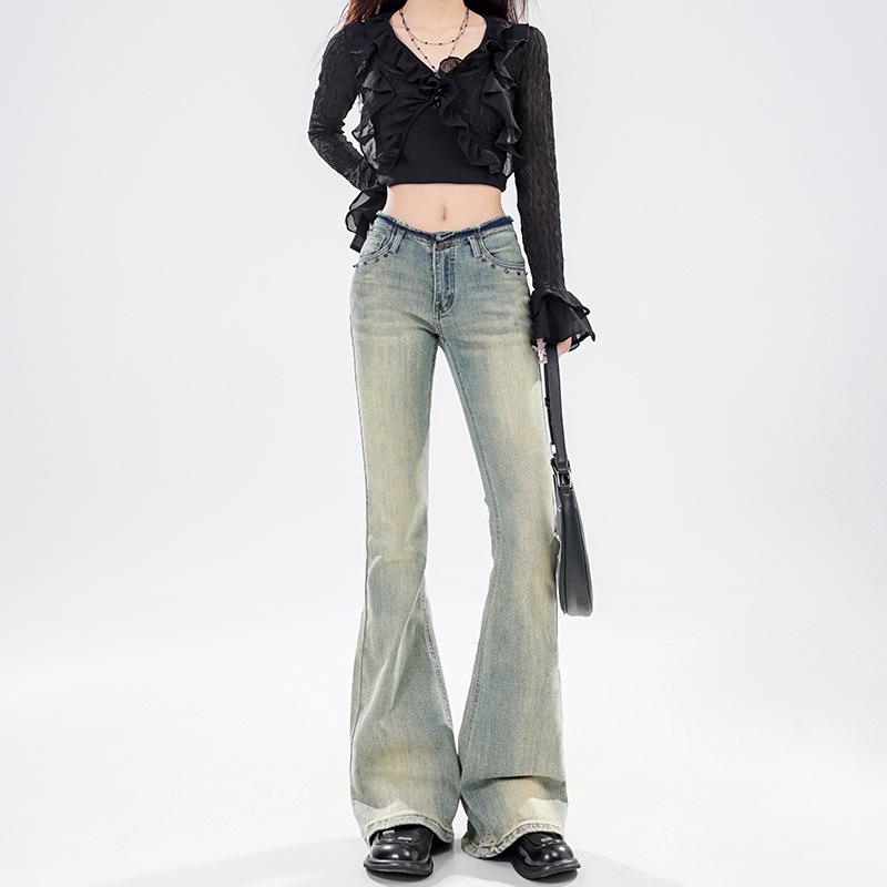

Spicy Girl Retro Low-Waisted Distressed Micro-Flare Jeans with Ripped Hem 3XL