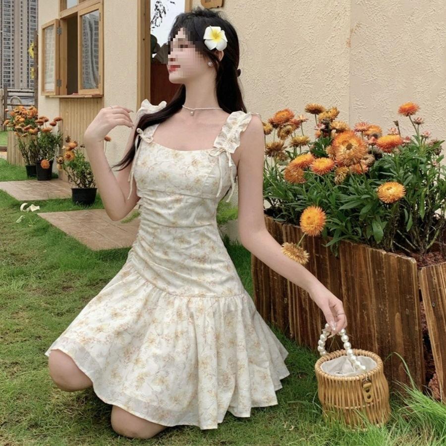 New summer French temperament fashion romantic bow small floral short suspender dress