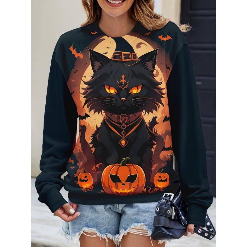 Womens Casual Hoodie With 3D Halloween Print Round Neck Lightweight Breathable Fabric