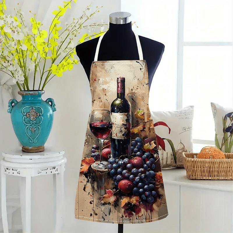 1pc Wine Grape Apron Linen Vineyard Art Kitchen Chef Gift Cooking Baking Restaurant Decor Painting Style Gift