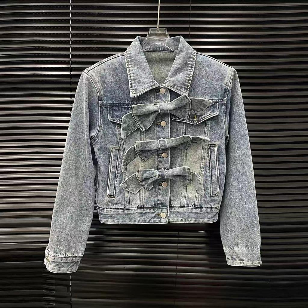 Niche Women's Spring Bowknot Distressed Denim Suit: Heavy Duty Short Jacket + Wide Leg Pants