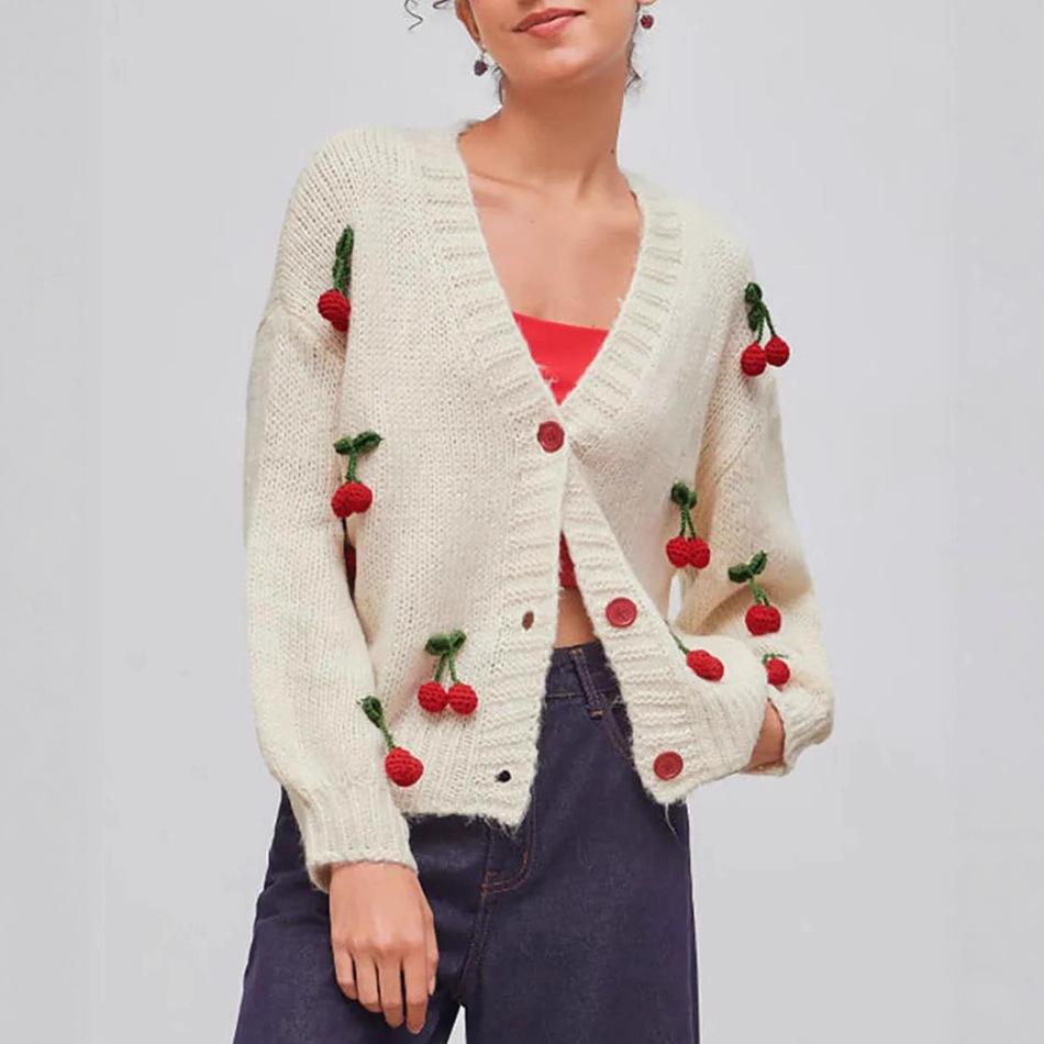 Autumn and Winter V-neck Sweater Versatile Cardigan Loose Trend Cherry Decoration Single-breasted Knitted Jacket Top Women