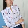 Kadın Moda Çizgili Baskılı Beyaz Gömlek V Yaka Dar Kesim Ofis İş Gömleği Bluz Üstler
