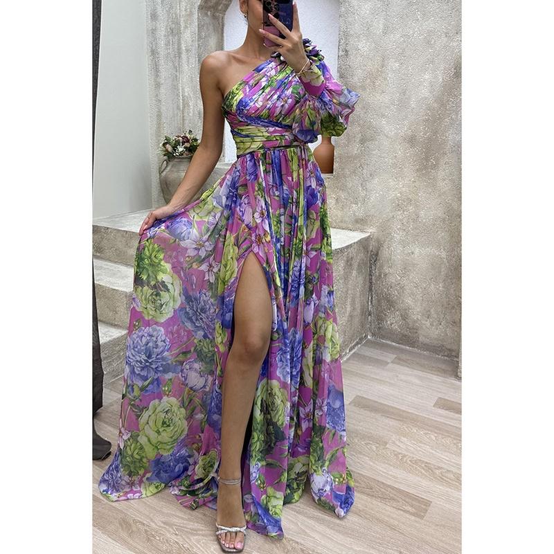 European Style Fall and Winter Party Casual Maxi Dress INS Loose Fit One Shoulder S