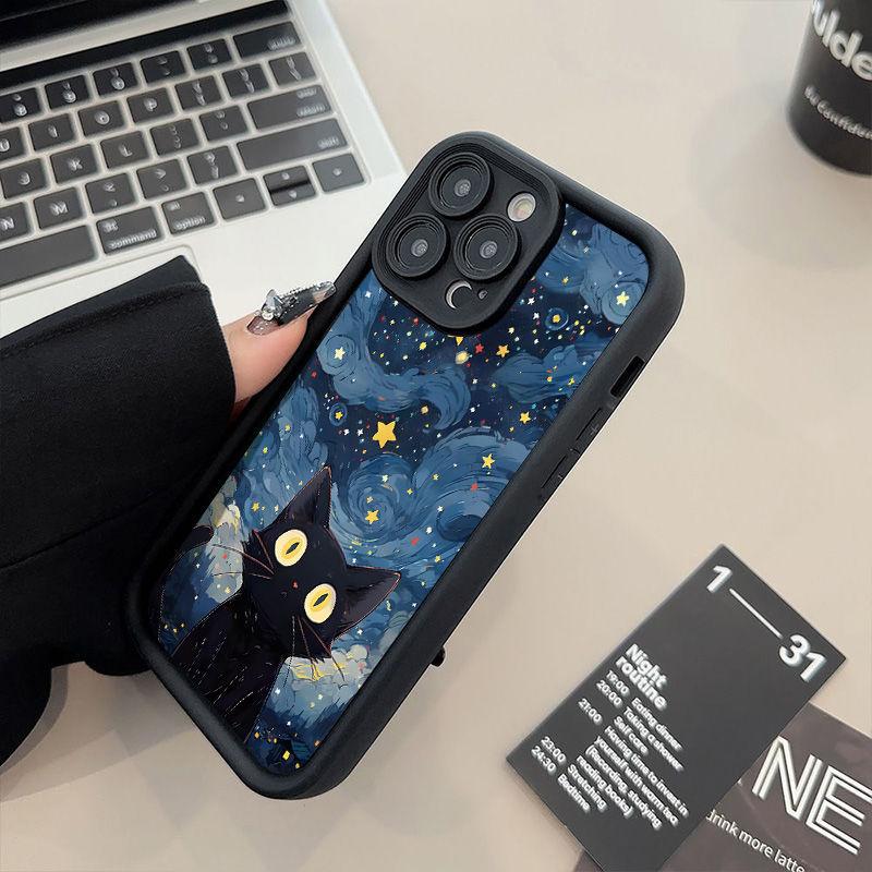 Starry sky black cat iPhone17Promax mobile phone case ladder is suitable for Apple 16promax all-inclusive Tianyan 15 sets.